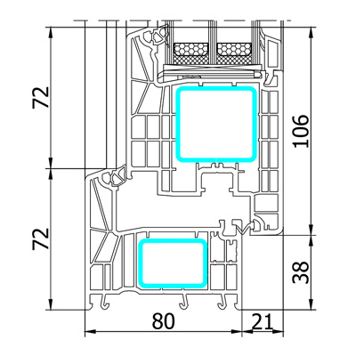 Technický řez profilu P-Line Door Basic Křídlo Z86 + Rám 72 AD
